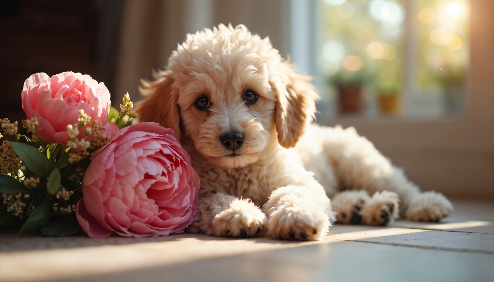 An adorable fluffy beige puppy with curly fur rests on a sunlit floor beside two large pink peonies.