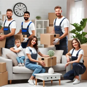 DALL·E 2024-12-12 15.10.36 - A professional scene depicting relocation services, showing a family and movers unpacking boxes in a bright and welcoming new home. The family looks h