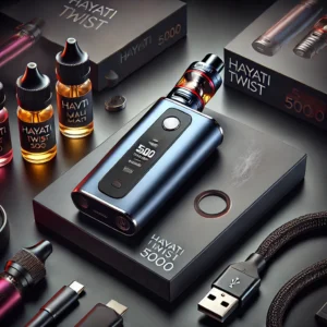 DALL·E 2024-09-25 16.25.44 - A sleek and modern vape device called 'Hayati Twist 5000'. The vape device is stylish with a matte finish, featuring a twistable voltage adjustment ri