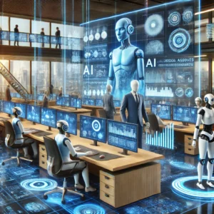 DALL·E-2025-02-14-10.25.15-A-futuristic-AI-powered-office-with-multiple-AI-agents-working-autonomously.-The-scene-includes-AI-driven-robots-handling-customer-service-tasks-digi