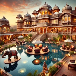 DALL·E 2025-03-04 14.08.34 - A breathtaking luxury resort in Pushkar, Rajasthan, featuring traditional Rajasthani architecture with intricate carvings and domes. The resort is set