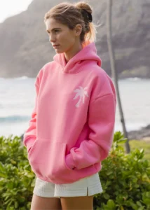 Hawaii Hibiscus Pink palm Puff Hoodie in Sonic Pink
