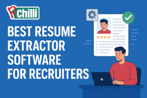 Illustration of recruiter using resume extractor software with RChilli logo and digital resume icons on a blue background.