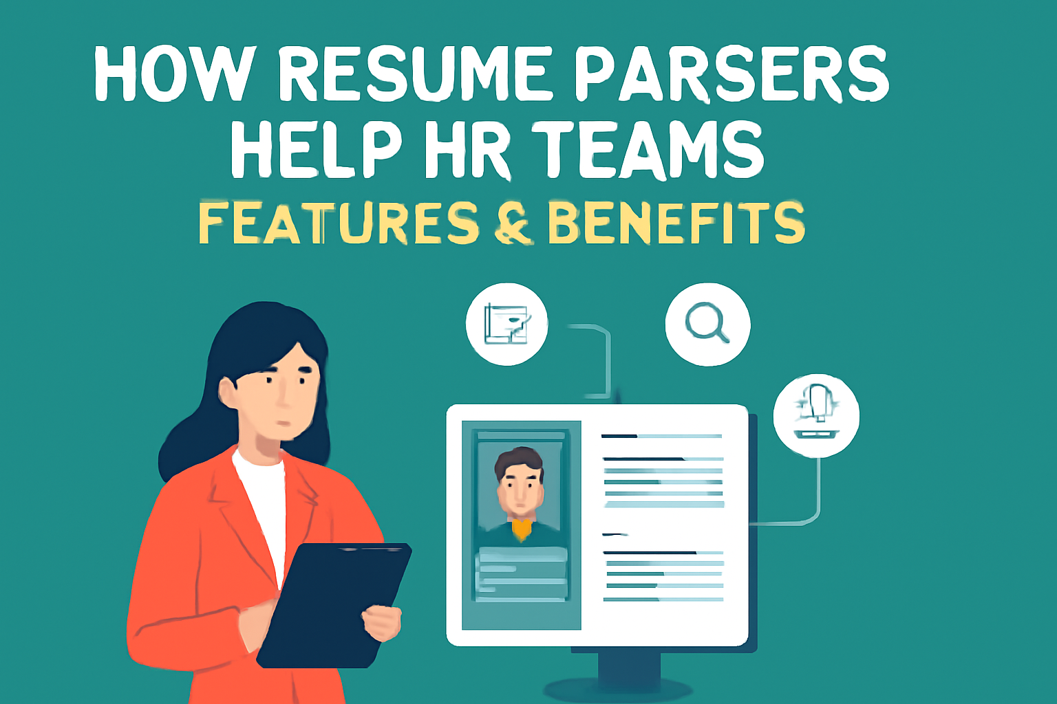 Illustration showing how resume parsers help HR teams with features and benefits, featuring an HR professional reviewing a parsed resume on a computer screen with related icons.