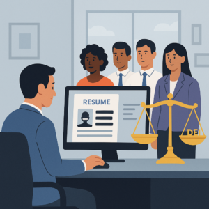 Recruiter views a redacted resume with masked details, promoting fair hiring and DEI.