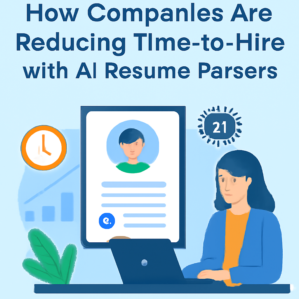 Illustration of a recruiter using AI resume parsers to reduce time-to-hire, featuring a digital resume, clock, and efficiency symbols