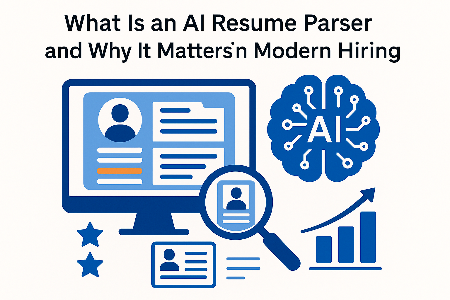 AI-powered resume parser analyzing digital resumes on a screen with AI brain icon, magnifying glass, and bar graph.