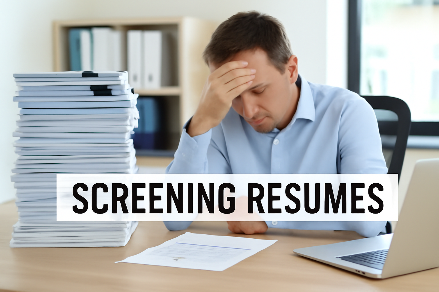 Overwhelmed recruiter buried in resumes, highlighting the need for AI resume screening