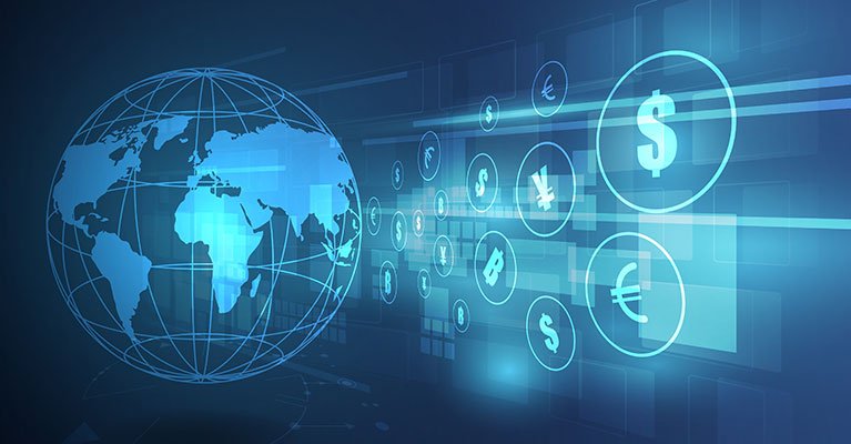 A digital illustration depicting global network, with various currency symbols
