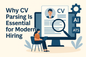 AI-powered CV parsing illustration with recruiter analyzing resumes on a screen for modern hiring automation.