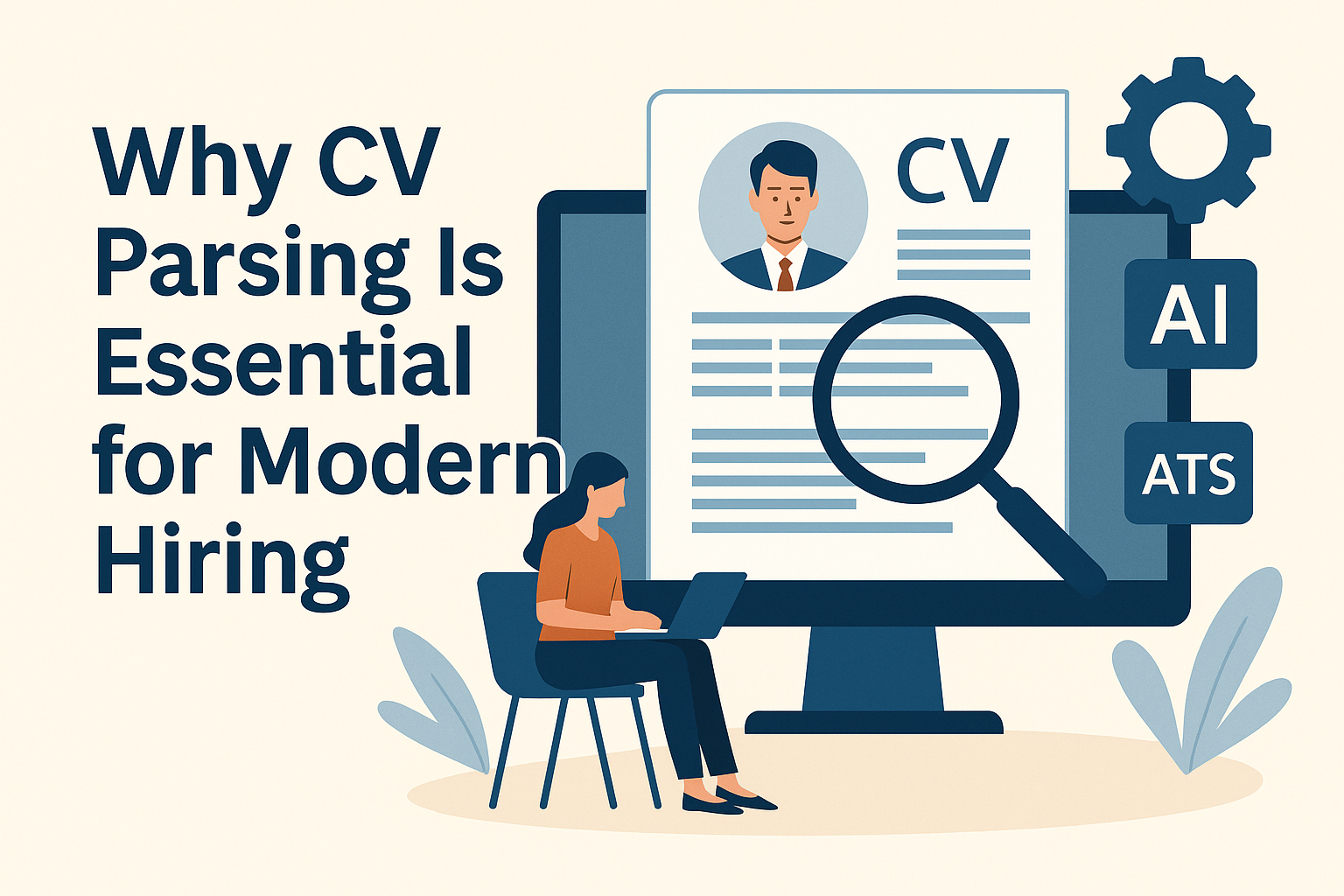 AI-powered CV parsing illustration with recruiter analyzing resumes on a screen for modern hiring automation.