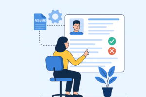 Illustration of a recruiter using a resume parser to evaluate candidate profiles on a computer screen.