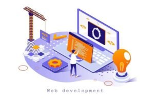 web-development-concept-in-3d-isometric-design-designer-works-with-code-interface-engineering-programming-settings-and-optimizes-pages-template-with-people-scene-illustration-for-webpage-vector