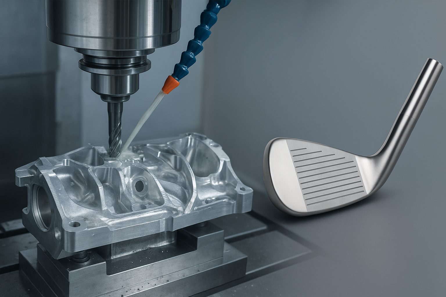 CNC milling machine cutting an aluminum aerospace component with coolant while a polished metal golf club head prototype sits beside it on a clean gray surface.