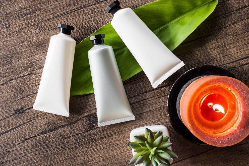 Herbal Lotions on top of wooden table