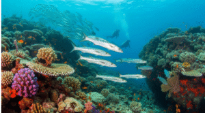 Underwater scene at Sail Rock with divers and marine life.