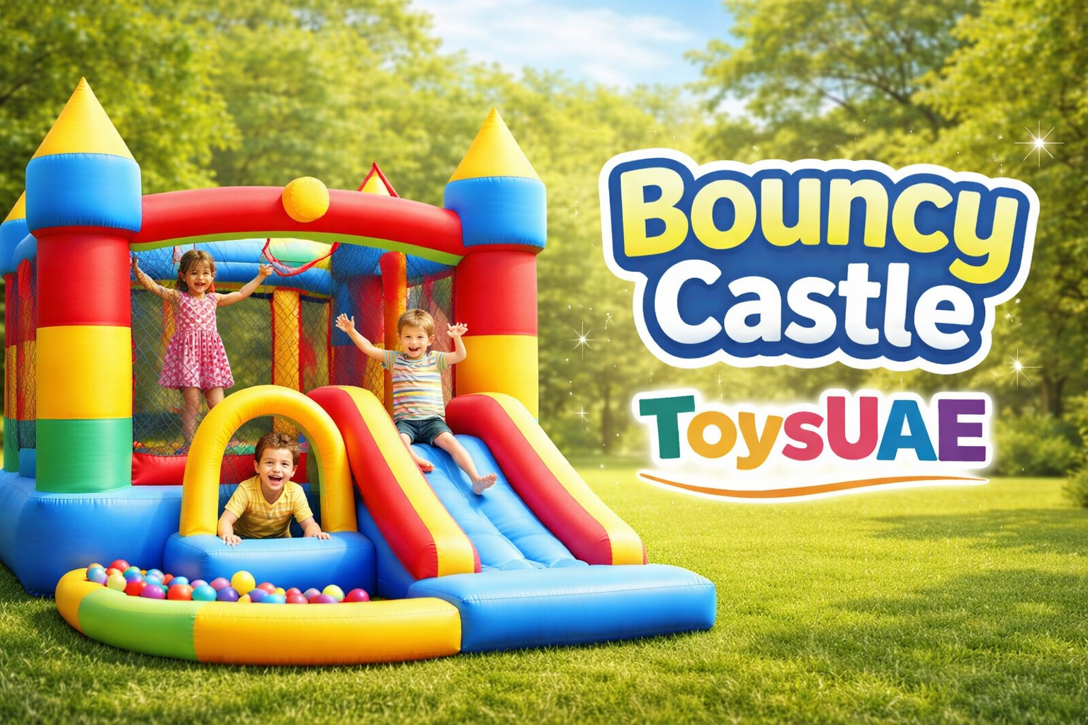 Colorful bouncy castle from Toys UAE providing safe and fun entertainment for kids’ parties and outdoor events