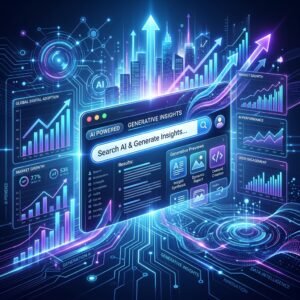 Futuristic AI search interface with data charts, digital circuits, and upward trend arrows representing growth in generative engine optimization.