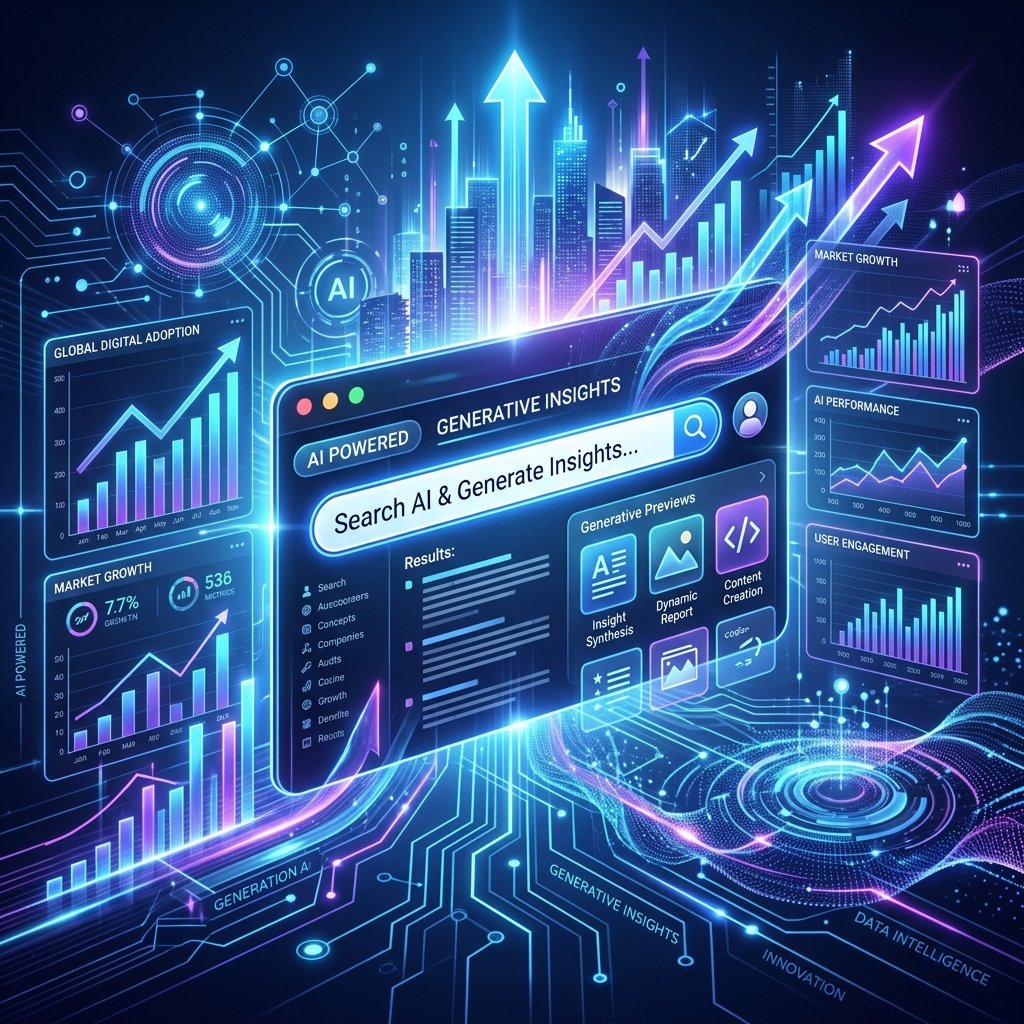 Futuristic AI search interface with data charts, digital circuits, and upward trend arrows representing growth in generative engine optimization.