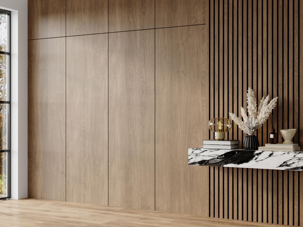 interior with wood-like wall cladding